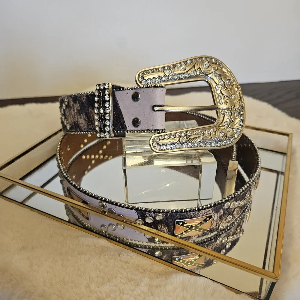 Vintage Nocona Pink Camo Rhinestone Western Leather Belt Womens L 38